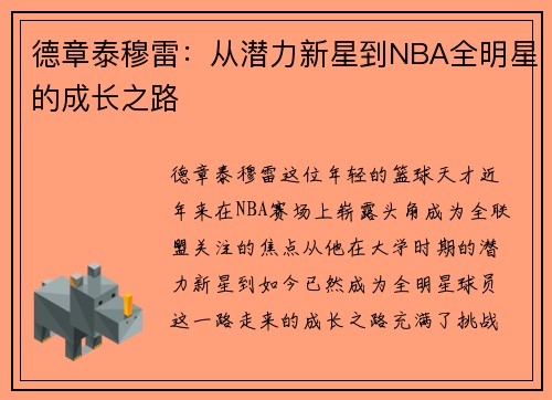 德章泰穆雷：从潜力新星到NBA全明星的成长之路